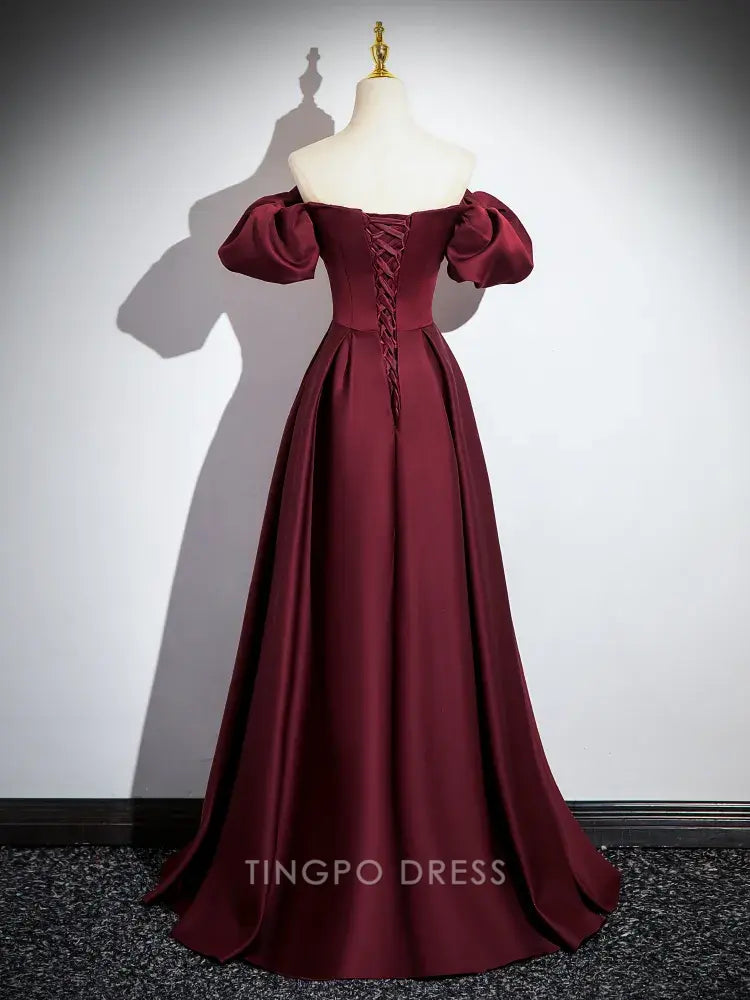 Elegant A-Line Off - Shoulder Puff Sleeve Lace - Up Back Satin Maxi Dress Prom Dress